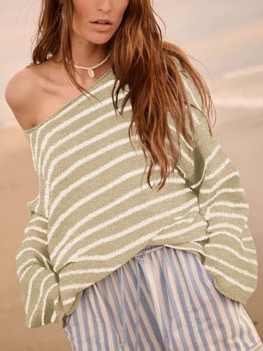 Women's Oversized Striped Knit Sweater Loose Long Sleeve Drop Shoulder Pullover Sweatshirt Tops3
