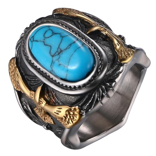 JewelryWe Bague Homme Chevalière Turquoise: Bague Acier Inoxydable Motard Turquoise Vintage Anneau de Pouce- Cadeau Anniversaire Fête des Pères