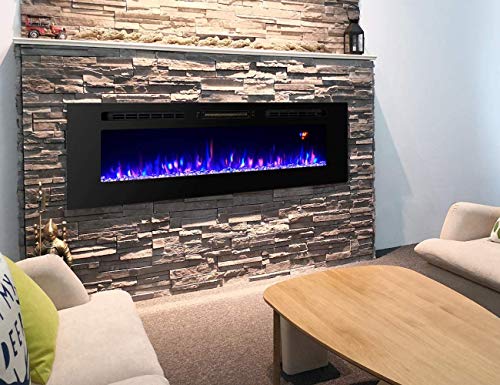 3GPlus 60 Inches Electric Fireplace Wall Recessed Heater Crystal Stone Flame Effect 3 Changeable Color, 2 Remotes, 1500W - Black