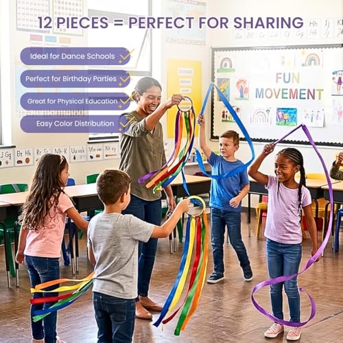 Image of GSi Ribbon Wands & Rings for Kids - Dance Ribbon Streamers with Sparkle Design & Rainbow Ribbons - Perfect for Toddlers, Preschool, Gymnastics, PE, Birthday Parties - Ages 2-12