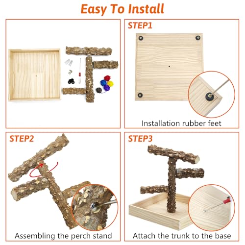 Image of BNOSDM Portable Bird Perch Stand with Potty Tray, Natural Wood Tabletop Training Gym Parrot Playground Toy for Budgies, Cockatiels, Lovebirds,Conures Canaries