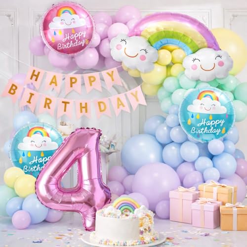 Image of Set of 59 Pcs Happy 4th Birthday Decoration Kit with Number 4 Foil Balloon, Rainbow Theme, Fourth Birthday Decoration for Baby Boy and Baby Girl Decorative Items