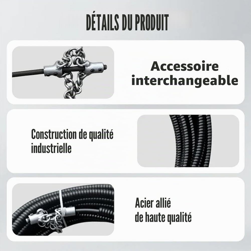 Chaîne de détartrage d’égout Flex-Shaft, outil multifonctionnel d’entretien de tuyau en PVC, câble rotatif à pousser pour curage d’égout en PVC (Noir 5 mètres)