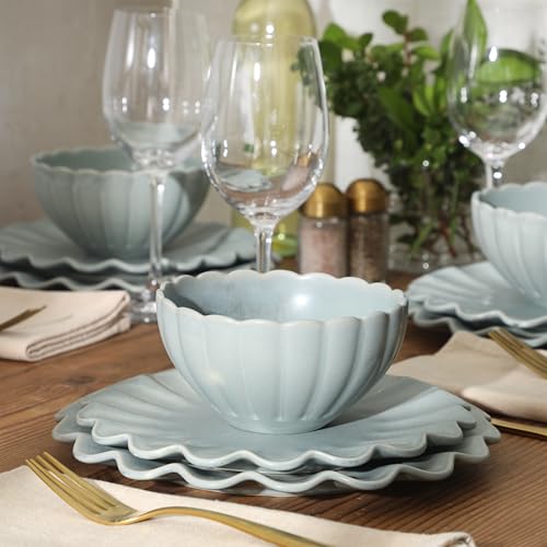 Image of Gibson Elite Bistro Fleur Plates and Bowls Sets, 12-Piece Stoneware Dinnerware Set for 4, Sage Blue Scalloped Dish Set with Dinner Plates, Salad Plates & Bowls