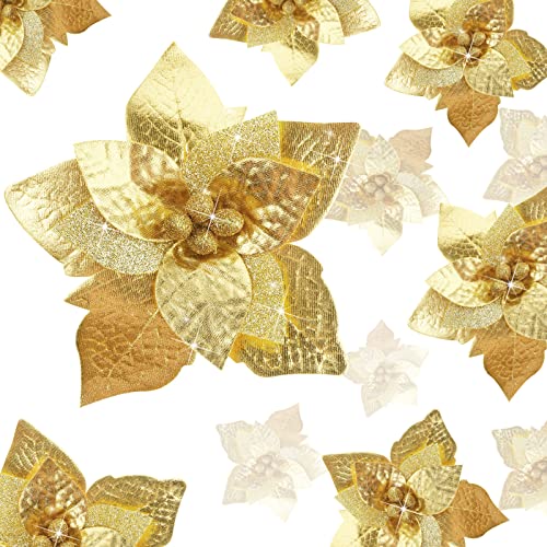 24 Piezas 3 Tamaños de Nochebuena Brillante de Navidad Flores de Boda Falsas Adornos de Decoración de Flores Navidad para Decoración de Árbol de Navidad Año Nuevo Hogar Exterior (Oro) Cover