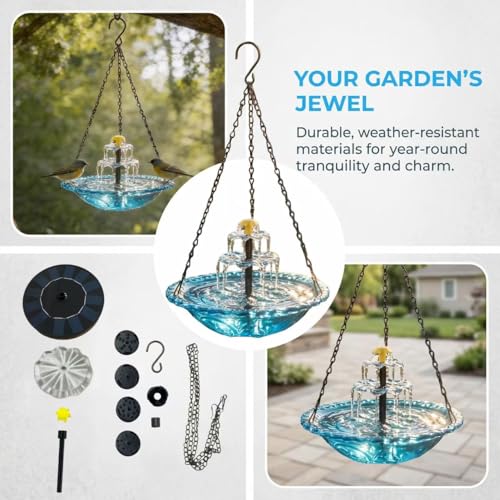 Solar Powered Hanging Bird Bath Fountain, 3-Tiered Hanging Bird Bath with Solar Fountain Protective Cover, Suitable for Balcony Gardens, Backyards, Patios, and Lawns (Blue) by Generic - Used condition - Image 2