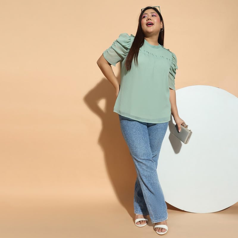 Image of oxolloxo Women Plus Size Round Neck Short Sleeve with Gather Pleates Ruffle Detail Top