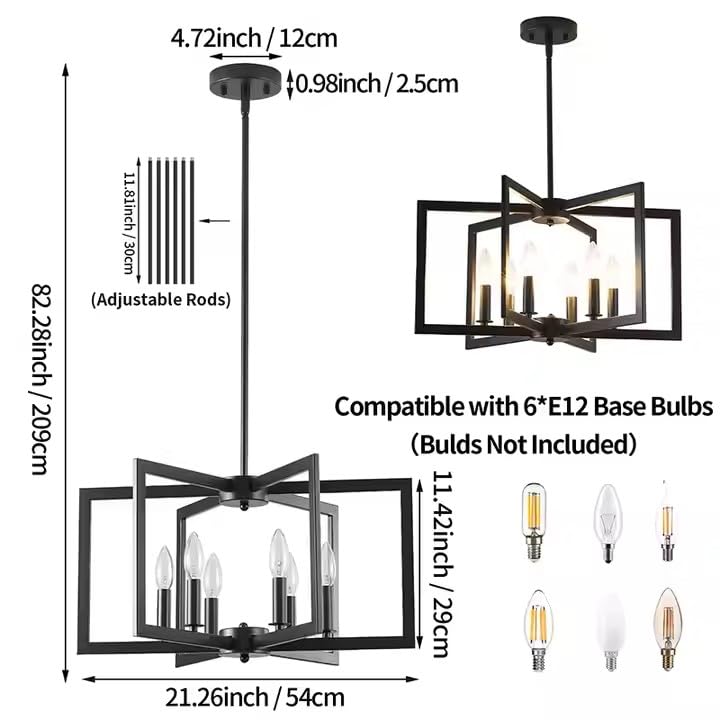 Lámpara de araña cuadrada negra ajustable de metal con base E12 3