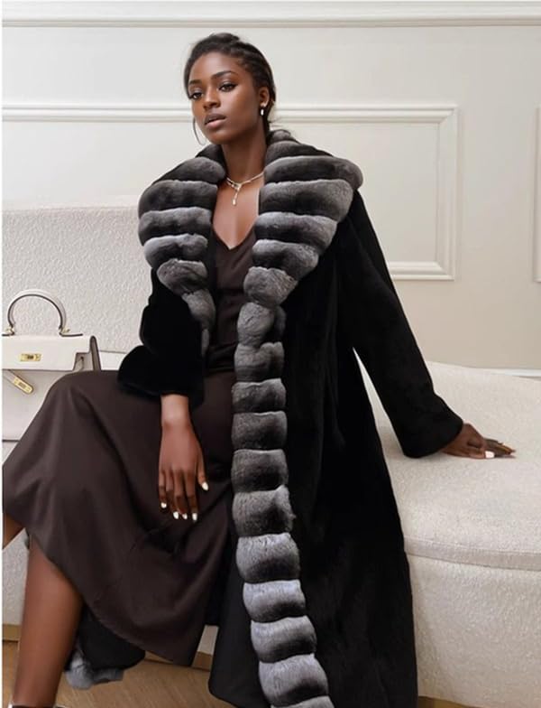 Shaggy Faux Fur Striped Collar Elegan Long Length Black Women's Fashion Coat2