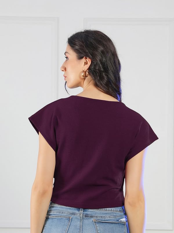 Image of NEUDIS Women Polyester Knit Solid Fitted Overlap Top