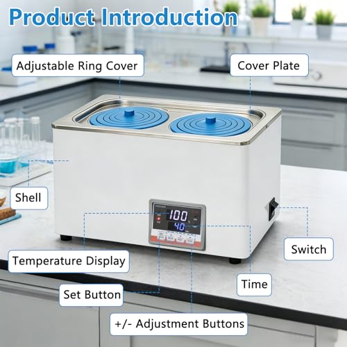 600W Digitale Labor Wasserbad, Laborwasserbad, Doppelte Öffnung, mit Timerfunktion und Wasserlos-Schutz, Temperaturregelung, Edelstahl-Innentank, Labor Wasserbaderhitzer