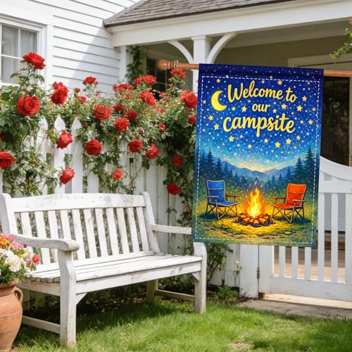 Image of Nuxovilar Camping Flag Fire Pit Garden Flag 28x40 Inches Polyester | Camping Decor Campsite Flag starry night banner camping invite sign patio yard park (Campsite Chair)
