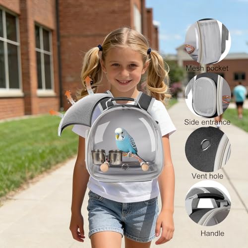 Small Bird Travel Backpack Carrier Cage, Backpack to Transport Backpack Carrier with Metal Tray Stand Perch for Parakeet Cockatiel Budgies Vet Carry Book Bag Black - Image 4