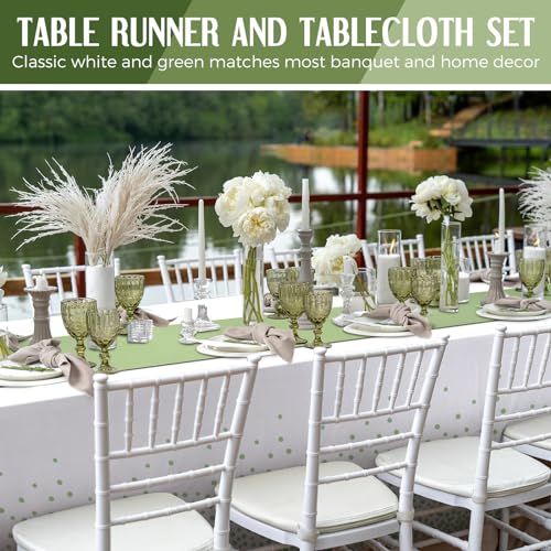 Image of Breling 8 Pack White and Sage Green Disposable Plastic Tablecloths and Satin Table Runner Set, 54 x 108 Inch Tablecloth, 12 x 108 Inch Table Runners for Wedding Graduation Birthday Baby Shower