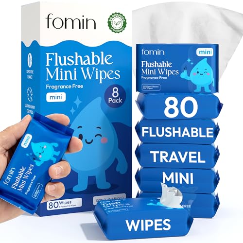 Fomin Flushable Tush Wipes 8 Pack (10 Count) – Unscented Flushable Wet Wipes for Adults – pH Balanced, Biodegradable Cleaning Wipes – Hypoallergenic, Plant Based Travel size Flushable Wipe for Adults