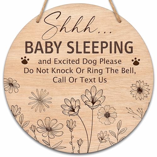 Image of valucise Baby Sleeping Sign for Front Door, Do Not Knock or Ring Doorbell Round Hanging Sign With Rope, Rustic Wooden Baby Bedroom Nursery Home Front Door Porch, New Mom Gifts, B(03)