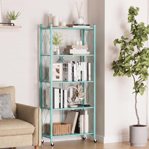 Image of ALANNG 60.6 Inch Folding Bookshelf, 5 Tier Metal Bookcase and Bookshelves | Tall Shelves for Living Room Office Bedroom, Heavy Duty Book Shelve Free Standing Open (Mint Green, 4PACK)