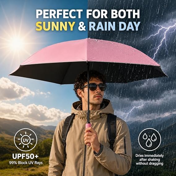 Image of Umbrella, Mini Folding Windproof & Compact UV Umbrella for Sun Protection Rain Windproof Strong Large 3 Fold for Women Handbags,3 Fold for Men Women, Stylish & Compact