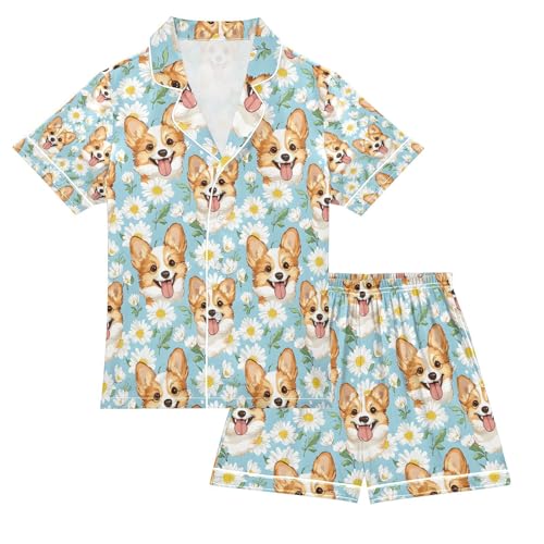 senya Cute Blue Daisy Dog Aa Satin Summer Pajama Sets Silk Short Sleeve Button Down Sleepwear