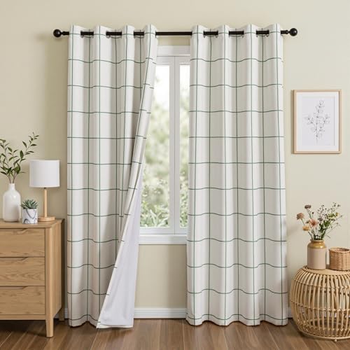 Image of MYSKY HOME 100% Blackout Green Plaid Farmhouse Linen Curtains 90 inch Long 2 Panels Set - Double Layer Checkered Drapes Thermal Insulated Privacy Protection for Living /Dining Room, 52 inch W Each Panel,
