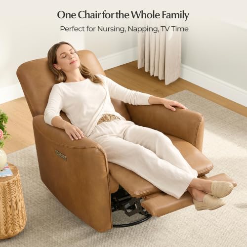 Image of CHITA Power Swivel Glider Recliner Chair, Tall-Wide, Cognac Brown | FSC Certified Upholstery Rocking Chair, Lumbar Support,Faux Leather Reclining Chair for Living Room / Nursery
