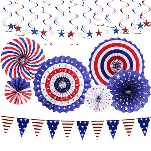 Image of 20Pcs 4th /Fourth of July Patriotic Decorations Set Independence Day Decor Red White Blue Paper Fans USA Flag Pennant Star Streamer Hanging Swirls Party Decor Supplies for Memorial Day, Flag Day
