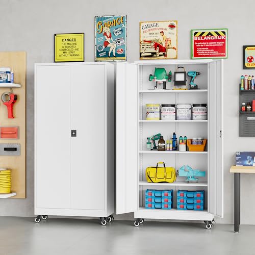 Image of SISESOL 75 inch Tall Metal Storage Cabinet with Wheels,Rolling Garage Storage Cabinet with Lock,White Metal Cabinets with Wheels and Shelves,Tool Cabinets on Roller for Garage,Home,Office,Shop