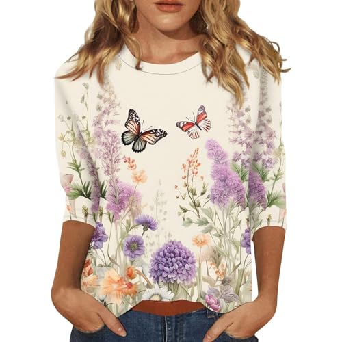 HTHLVMD Womens 3/4 Length Sleeve Tops 2025 Fall Fashion Floral Print Crewneck Causal Trendy Tunic Tops for Women