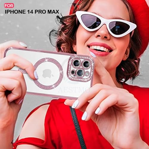 Image of AESTMO Back Cover for iPhone 14 Pro Max Compatible with MagSafe | Diamond Glitter Case | Luxury Bling Rhinestone Soft Clear TPU Bumper | Camera Lens Protection Cover for iPhone 14 Pro Max (Pink)