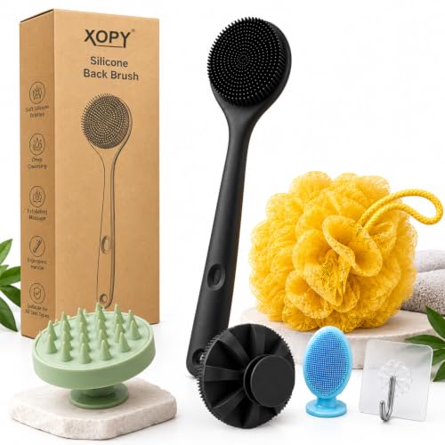 Image of 6-in-1 Silicone Bath Brush Set for Full Body Care - Long Handle Back Scrubber, Body Exfoliator, Scalp Massager, Face Cleansing Brush & Loofah for Men & Women