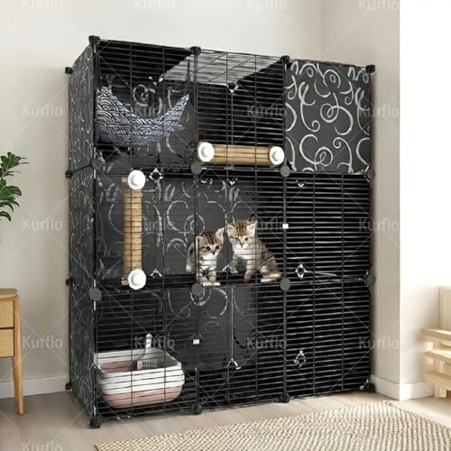 Kurflo Katzenkäfig für Mehrkatzenhaushalte, frei zusammenbaubar, für den Innenbereich, einfach aufzubauen und leicht zu bewegen, schwarz (3 * 3 * 1（ 111x111x47 cm）)