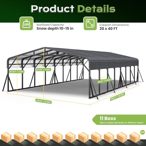 Image of Jocoevol 20x40FT Heavy Duty Metal Carport, Outdoor Car Garage with Support Rods & Windproof Ground Anchors, All-Season Versatile Canopy Tent for 4 Car, Boats, Truck