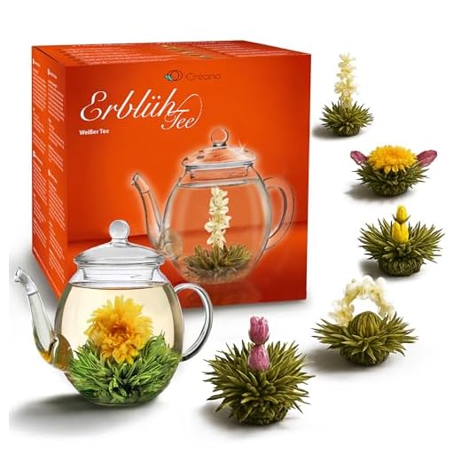 Creano Teeblumen Mix - Geschenkset Erblühtee Frühjahrslese mit Glaskanne Weißer Tee in 6 Sorten, Teerosen, Teeblume, Blooming Tea, Geschenk zu Ostern