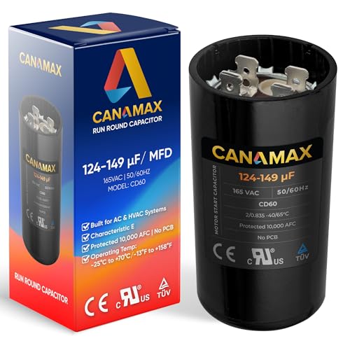 124-149 uf 124/149 MFD 165V ±20% CD60 50/60 Hz AC Electric Motor Round Run Start Capacitor by Canamax - Compatible with AC Motor Run or Fan Start and Cool or Heat Pump Air Conditioner