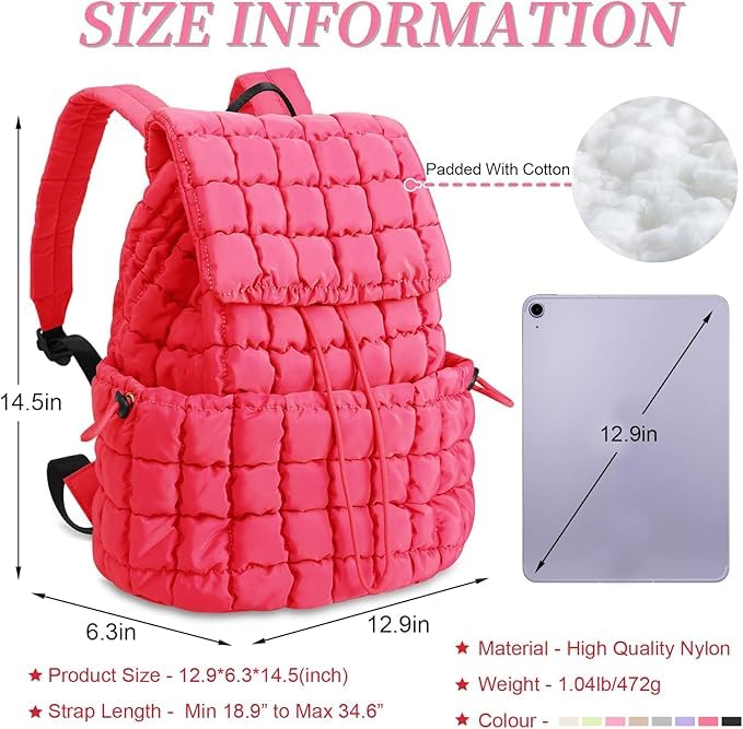 Image of MOCA Quilted Puffer Backpack for Women, Nylon Puffy Casual Girls Womens Backpack, Lightweight Hiking Gym Daypack Preppy Travel Bag with Adjustable Top Flap Drawstring