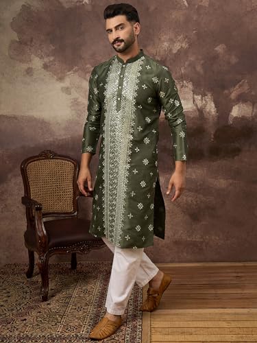 Image of Men's Solid Calf Length Silk Blend Embroidered Kurtas | Men | Kurtas for Mens | Straight Fit Kurta for Men's