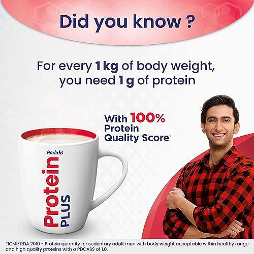 Image of Horlicks Protein Plus Chocolate High Protein Drink for Adults 400 g Jar|| Whey|| Soy & Casein Powder Blend - For Muscle Mass & Strength|| Veg