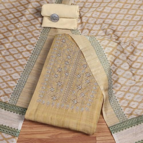 Image of BIBA Women Beige Cotton Machine Embroidered Unstitched Suit Set