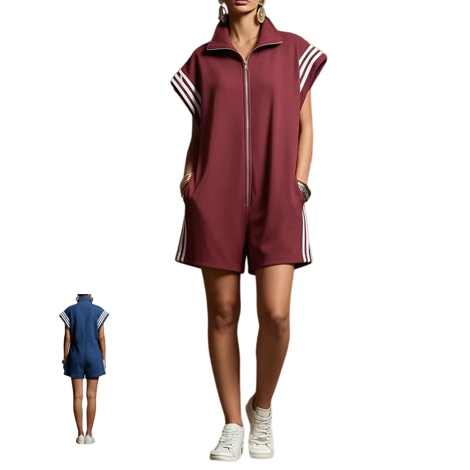 Combinaison short zippée pour femme avec bandes latérales, combinaison short décontractée à manches courtes et col montant