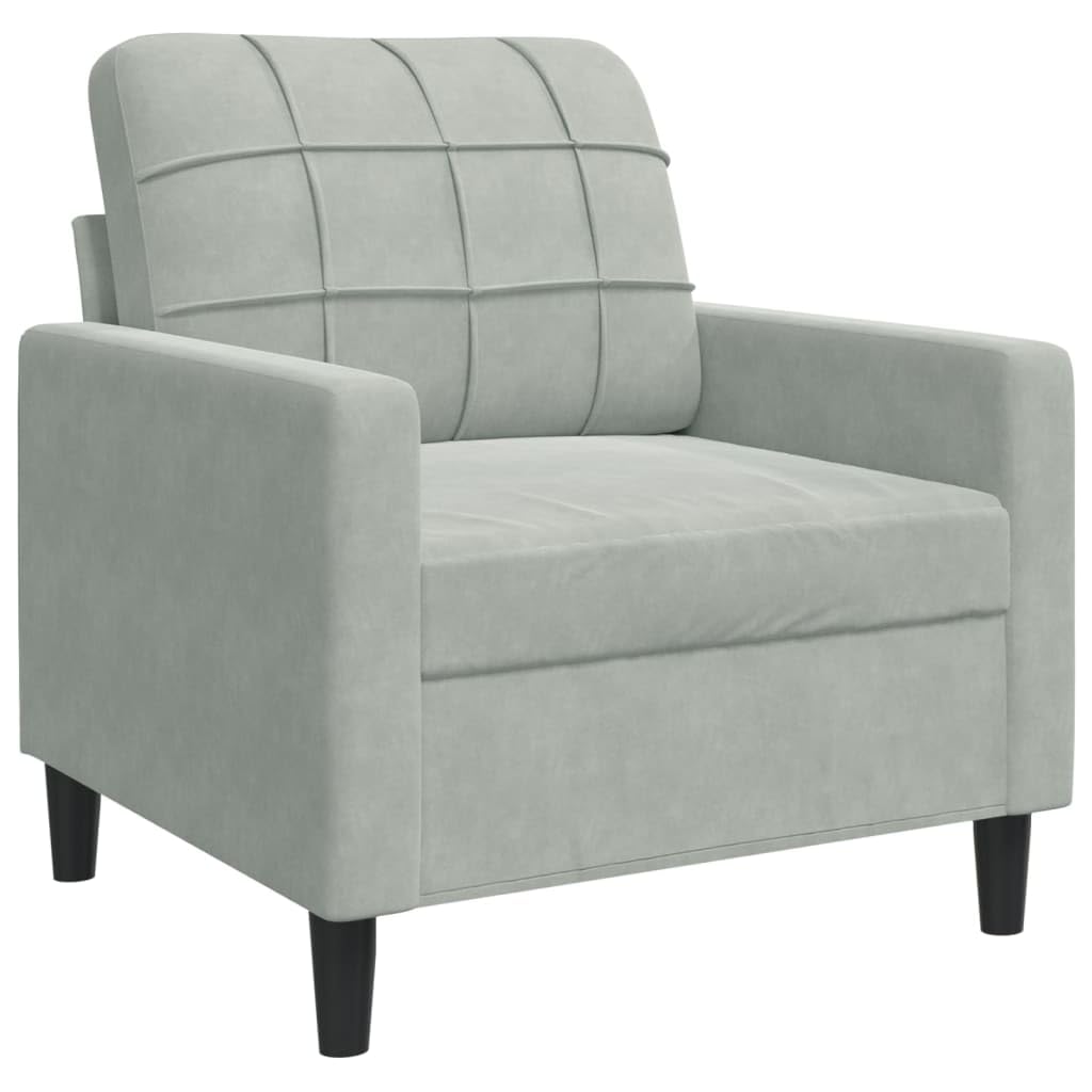 3-częściowy komplet sof, jasnoszary, aksamitny, w zestawie z fotelem, 2-i 3-osobowa sofa, z poduszkami i rolkami pod kark, wytrzymały metalowy stelaż do salonu
