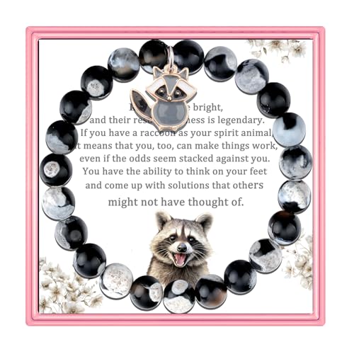 PARTNER Funny Raccoon Bracelets for Women Raccoon Bracelets Gifts for Women Raccoon Natural Stone Jewelry for Her Inspirational Gifts for Raccoon Lovers (Black & White)