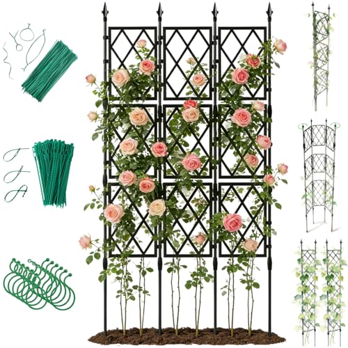 Jesosia Garden Trellis for Climbing Plants Outdoor - 65' PE-Coated Metal Pipes & Plastic Grids Rose...