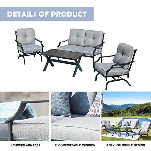 Image of LOKATSE HOME 4 Pieces Outdoor Conversation Furniture Bistro Metal Seating Patio Armchairs Loveseat Set with Cushion & Coffee Table, Grey