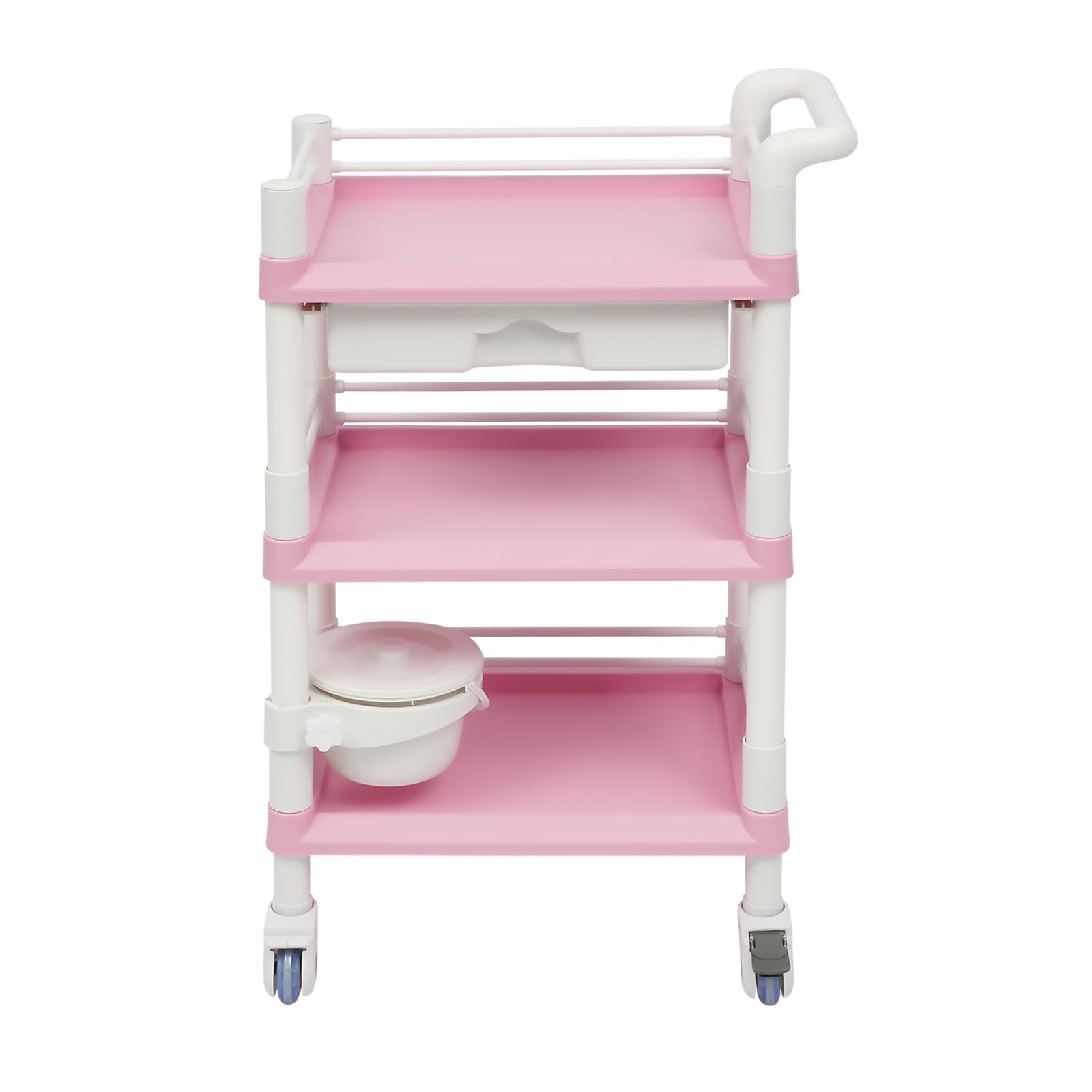 Carrito de salón Beauty con 3 estantes, cajón y cubo, carrito de almacenamiento enrollable para accesorios de belleza, salón de uñas, suministros de peluquería, color rosa y blanco, soporta 100 kg