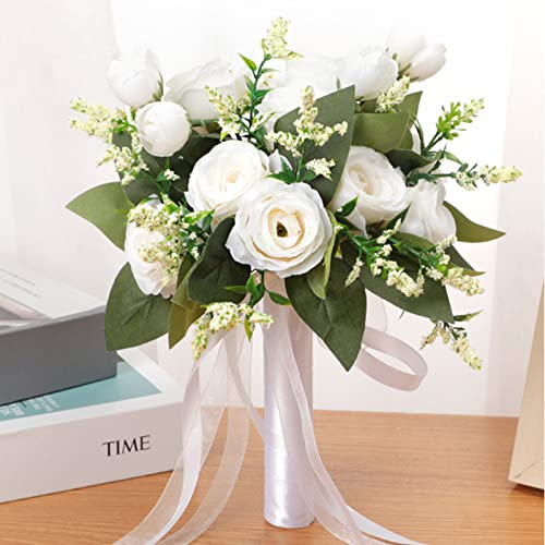 JstDoit Bridal Bouquet for Brides Bridesmaids Wedding Bouquets with Ribbon Holding Flowers Artificial Rose Flowers for Wedding Valentine's Day Church Party - Image 2