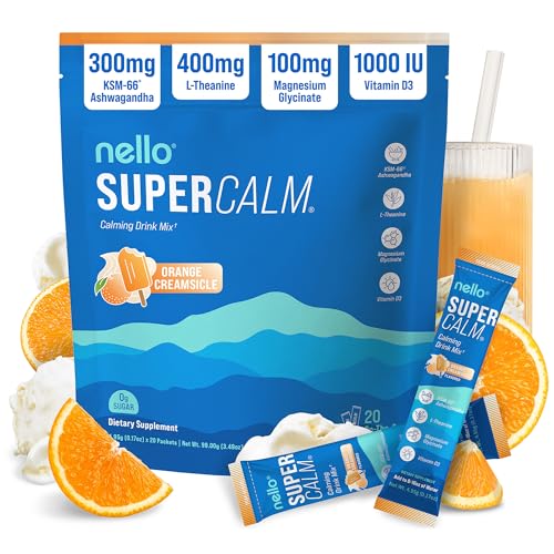 Image of Nello Supercalm Powdered Drink Mix, Cortisol Reducer* and Sleep Aid Supplement, L Theanine, Ksm-66 Ashwagandha, Magnesium Glycinate, Vitamin D 3, No Sugar, Non GMO, On The Go, 20 Ct, Orange Creamsicle