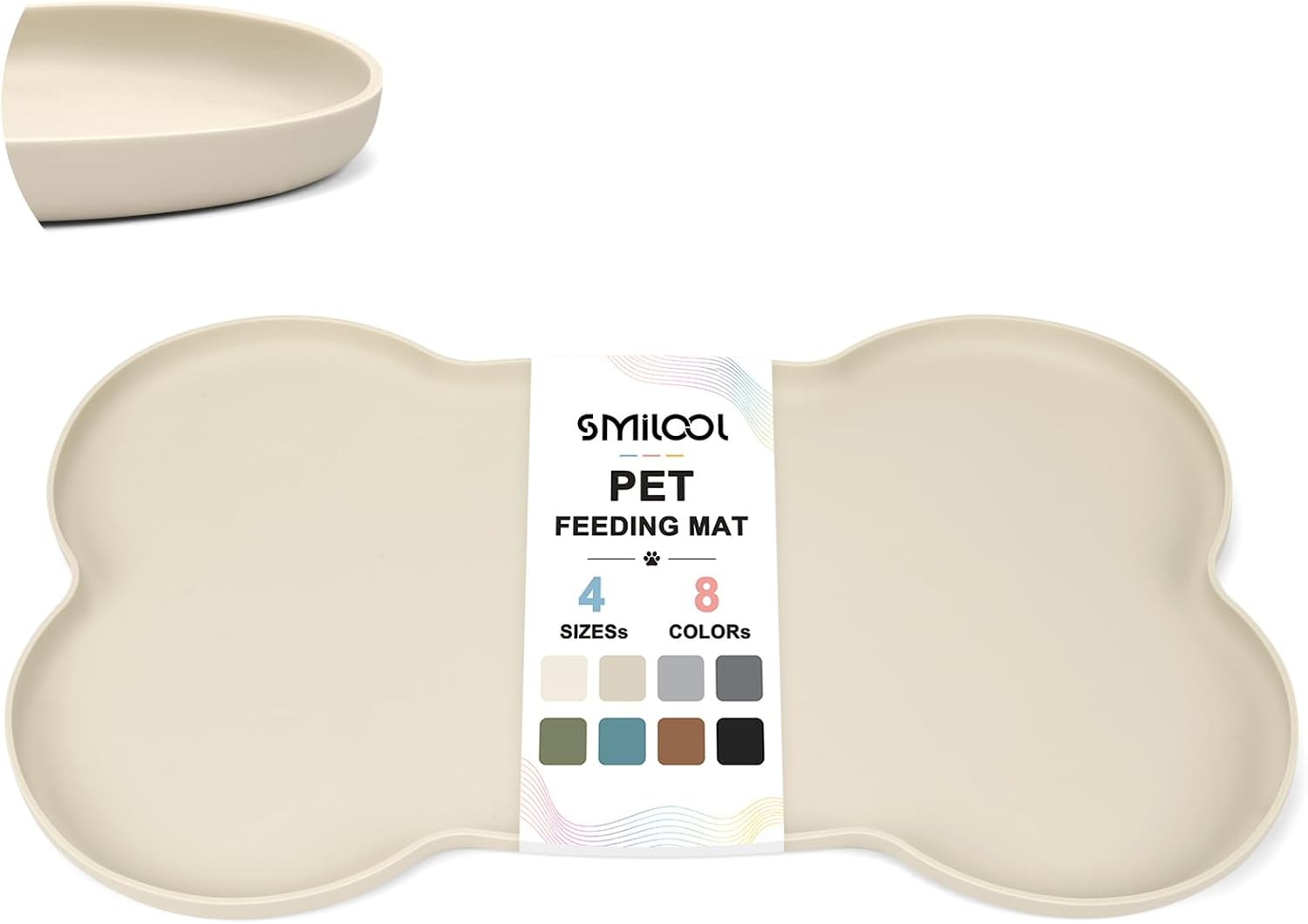 SMILOOL Waterproof Silicone Pet Food Mat with Raised Edge for Dog & Cat | 20" x 12" Non-Slip Pet Feeding Mats with Lip for Food & Water Bowl, Food Grade, Easy Cleaning, Bone Shape, Beige