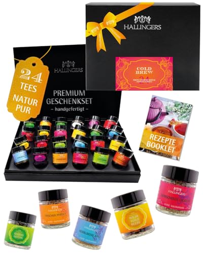 Hallingers Genuss Manufaktur Cold Brew Tee Geschenkset - 24 Sorten Premium loser Tee im Glas in edler Geschenkbox, vegan & glutenfrei, Tee Set Orange-Pink Probierset, frische Geschenkidee für Frauen