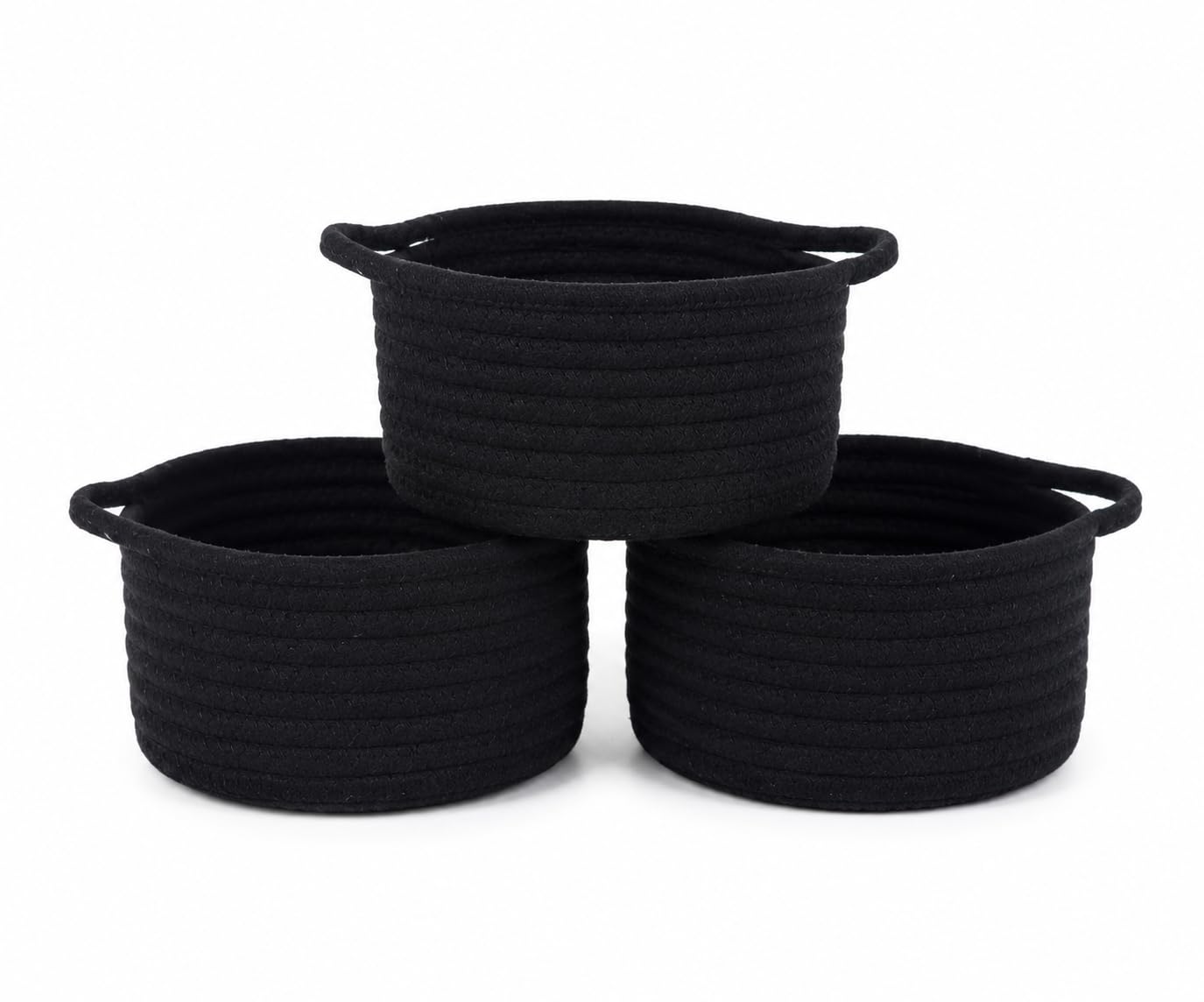 Small Woven Cotton Rope Baskets with Handles, Set of 3, Black