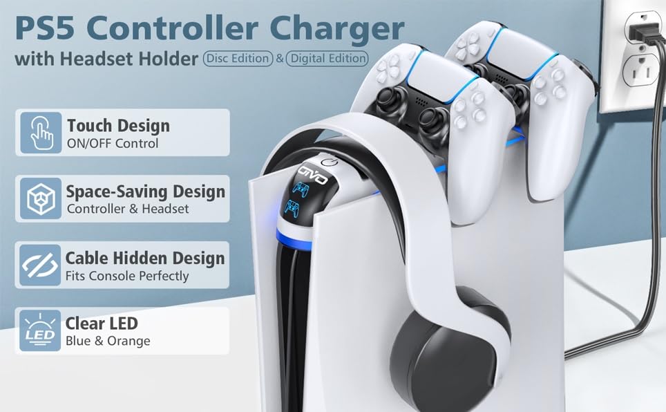 Image of TMG PS5 Controller Charging Station with Upgraded Touch Switch, PS5 Controller Charger with Headset Holder, for Ps5 Charging Station Charger with Fast Charging Cord